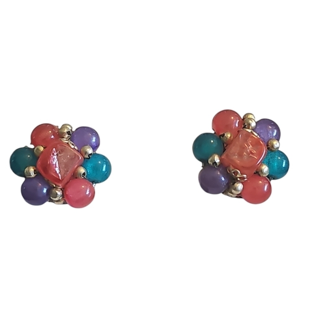 🦋 Vintage Colorful Beaded Clip On Earrings signed Hong Kong